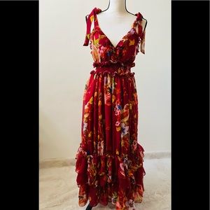 Red Floral Summer Maxi Dress Large